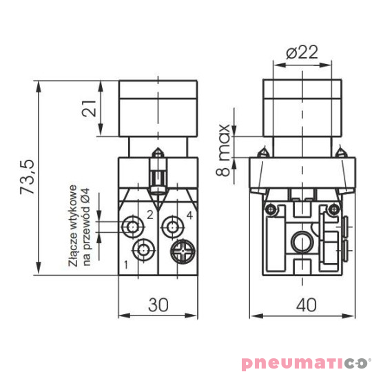 Zawór ręczny - przycisk Pneumax 5/2 (bistabilny) 4mm Zawór ręczny - przycisk Pneumax 5/2 (bistabilny) 4mm