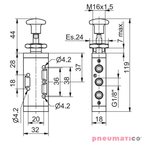 Zawór ręczny - przycisk typu grzybek dwupozycyjny Pneumax 5/2 1/8" TECNO Zawór ręczny - przycisk typu grzybek dwupozycyjny Pneumax 5/2 1/8" TECNO