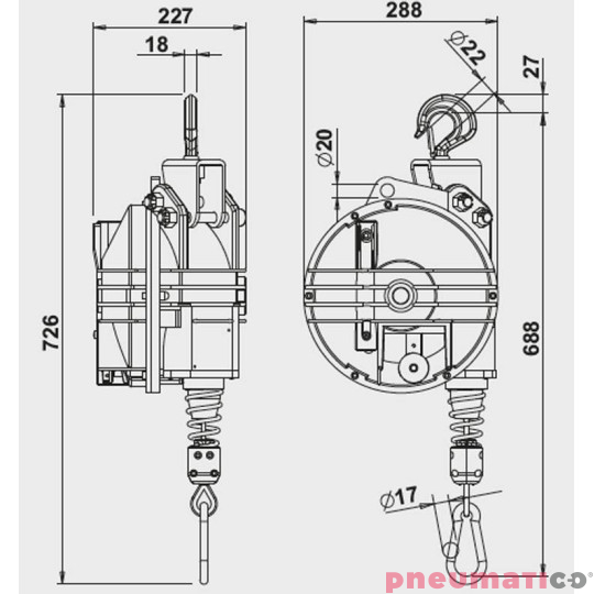 Balanser linkowy TECNA 9411.B1_wymiary Balanser linkowy TECNA 9411.B1_wymiary
