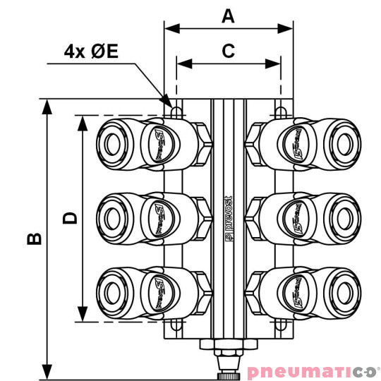 Przyłącze naścienne z gwintem wew. łączniki i odpływ Prevost G3/4 MF 104S6ES