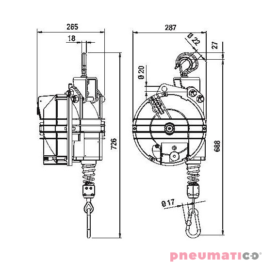 Balanser linkowy TECNA 9443.B1 wymiary Balanser linkowy TECNA 9443.B1 wymiary