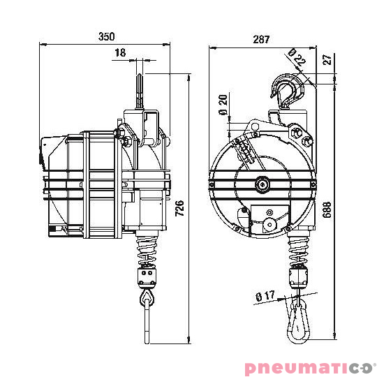 Balanser linkowy TECNA 9452.B1 wymiary Balanser linkowy TECNA 9452.B1 wymiary