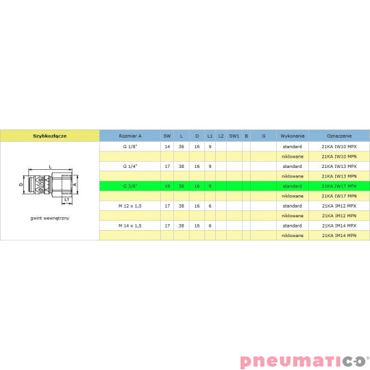 Szybkozłącze niskociśnieniowe żeńskie z gw.wew typ 21KA 3/8" RQS 21KAIW17MPX Szybkozłącze niskociśnieniowe żeńskie z gw.wew typ 21KA 3/8" RQS 21KAIW17MPX