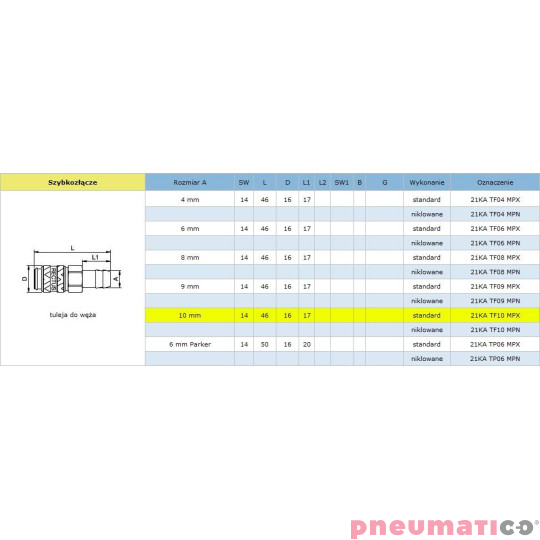 Szybkozłącze niskociśnieniowe żeńskie na wąż typ 21KA 10 mm RQS 21KATF10MPX Szybkozłącze niskociśnieniowe żeńskie na wąż typ 21KA 10 mm RQS 21KATF10MPX