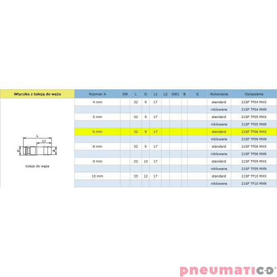 Szybkozłącze niskociśnieniowe męskie na wąż typ 21KA 6 mm RQS 21SFTF06MXX