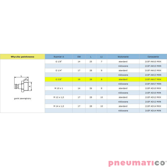 Szybkozłącze niskociśnieniowe męskie z gw. zew. typ 21KA 3/8" RQS 21SFAW17MXX Szybkozłącze niskociśnieniowe męskie z gw. zew. typ 21KA 3/8" RQS 21SFAW17MXX