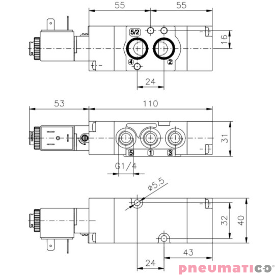 Elektrozawór monostabilny - sprężyna mechaniczna / sprężyna powietrzna 5/2 PNEUMAX T514.52.00.39.B09 24 VDC 2W Elektrozawór monostabilny - sprężyna mechaniczna / sprężyna powietrzna 5/2 PNEUMAX T514.52.00.39.B09 24 VDC 2W