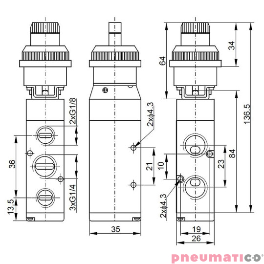 Zawór ręczny typu przełącznik 5/2 G1/4" PNEUMATICO JLW510SL