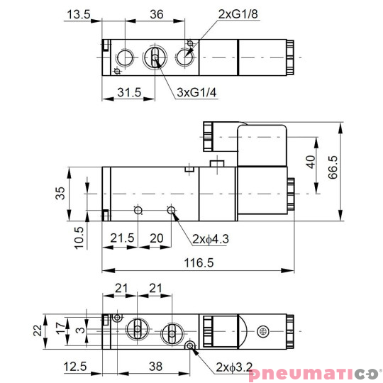 Elektrozawór PNEUMATICO 5/2 G1/4" 12V DC JLE4101-12VDC
