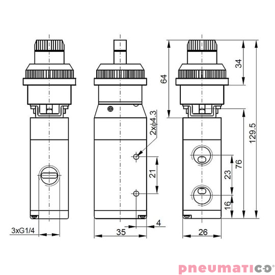 Zawór ręczny typu przełącznik 3/2 G1/4" PNEUMATICO JLW410SL
