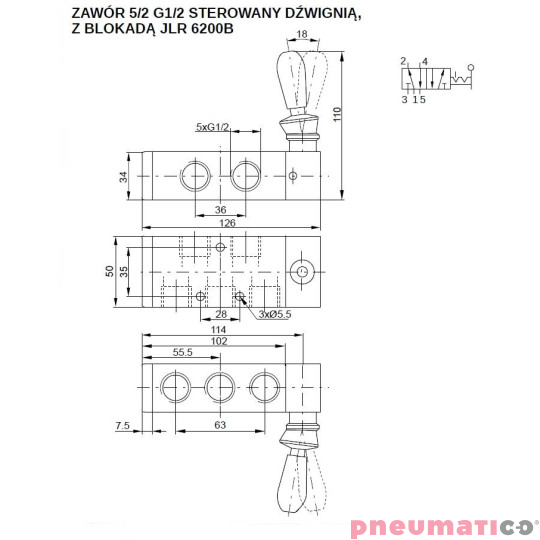 Zawór ręczny 5/2-G1/2" bistabilny PNEUMATICO JLR6200B