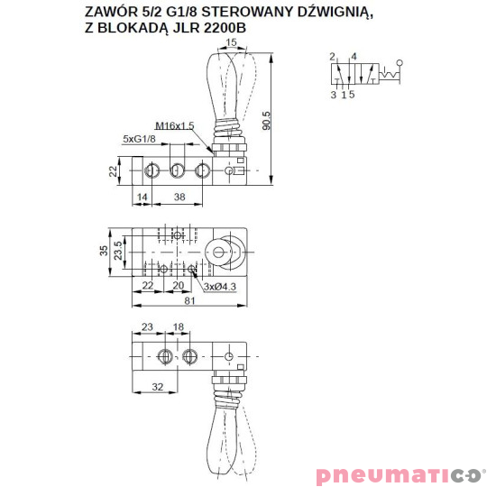 Zawór ręczny 5/2-G1/8" bistabilny PNEUMATICO JLR2200B Zawór ręczny 5/2-G1/8" bistabilny PNEUMATICO JLR2200B