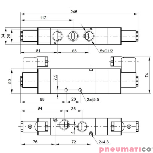 Elektrozawór PNEUMATICO 5/3 G1/2" 230V AC JLE6503-230VAC Elektrozawór PNEUMATICO 5/3 G1/2" 230V AC JLE6503-230VAC