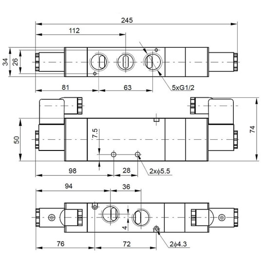 Elektrozawór PNEUMATICO 5/3 G1/2" 115V AC JLE6403-115VAC Elektrozawór PNEUMATICO 5/3 G1/2" 115V AC JLE6403-115VAC