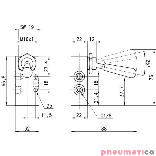 ZAWÓR 3/2 BISTABILNY GNIAZDA G1/8" RĘCZNY, DŹWIGNIA CAMOZZI 338-900 ZAWÓR 3/2 BISTABILNY GNIAZDA G1/8" RĘCZNY, DŹWIGNIA CAMOZZI 338-900