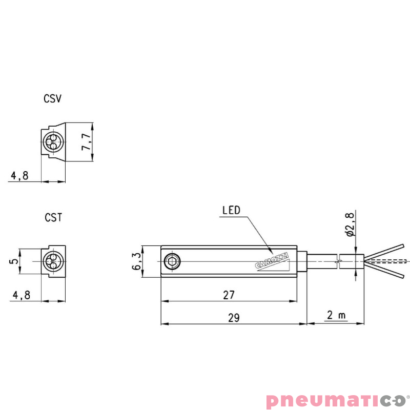 Czujnik kontaktronowy CST 3-żyłowy 5-30 AC/DC PNP 2M CAMOZZI CST-232 Czujnik kontaktronowy CST 3-żyłowy 5-30 AC/DC PNP 2M CAMOZZI CST-232
