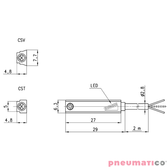 Czujnik kontaktronowy CST 3-żyłowy 5-30 AC/DC PNP 2M CAMOZZI CST-232