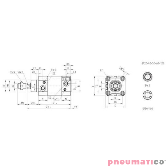 Siłownik ISO 15552 serii 61 O50 podwójnego działania CAMOZZI 61M2P050A0025