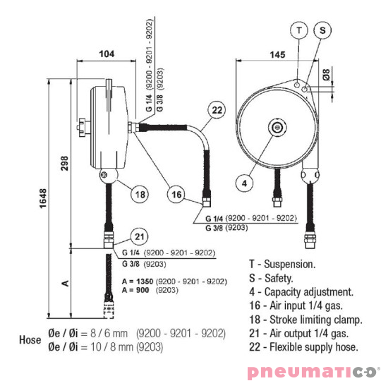 Balanser linkowy z przewodem powietrznym 9203 TECNA 3-5kg 900mm Balanser linkowy z przewodem powietrznym 9203 TECNA 3-5kg 900mm