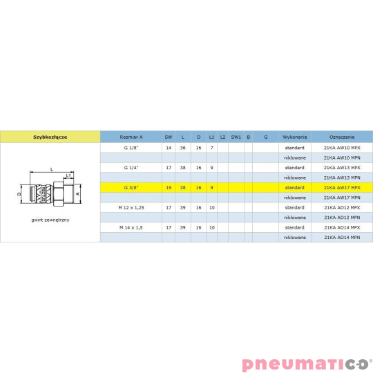 Szybkozłącze niskociśnieniowe żeńskie z gw. zew. typ 21KA 3/8" RQS 21KAAW17MPX Szybkozłącze niskociśnieniowe żeńskie z gw. zew. typ 21KA 3/8" RQS 21KAAW17MPX