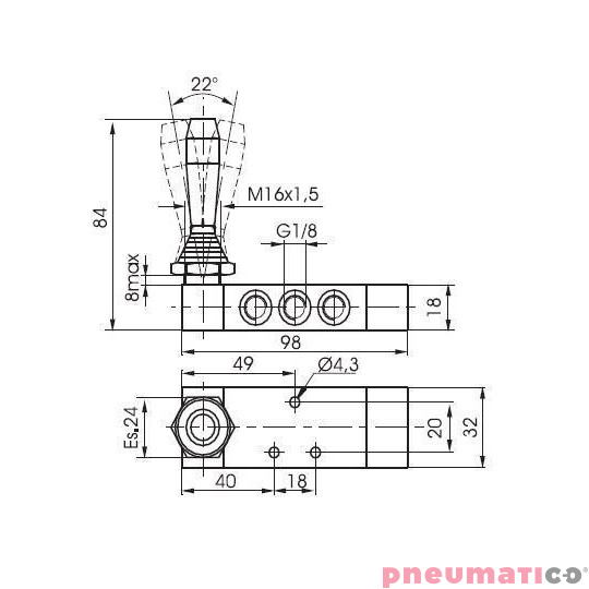 Zawór ręczny z dźwignią boczną trójpozycyjną 5/3 PNEUMAX 1/8 Czerwony 228.53.31.9.1/1 Zawór ręczny z dźwignią boczną trójpozycyjną 5/3 PNEUMAX 1/8 Czerwony 228.53.31.9.1/1