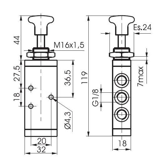 Zawór z przyciskiem dwupozycyjnym typu grzybek 5/2 PNEUMAX Zawór z przyciskiem dwupozycyjnym typu grzybek 5/2 PNEUMAX