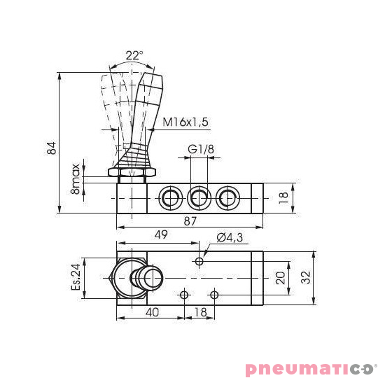 Zawór ręczny z dźwignią boczną trójpozycyjną - 3 pozycje stabilne 5/3 PNEUMAX Zawór ręczny z dźwignią boczną trójpozycyjną - 3 pozycje stabilne 5/3 PNEUMAX