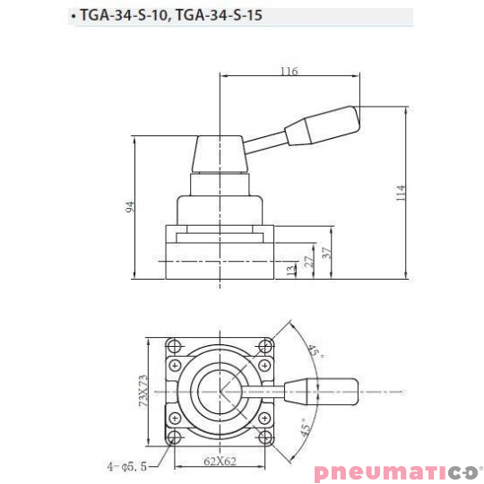 Zawór ręczny dźwigniowy TEKMA 4/3 centralnie odcięty G1/2" TGA-34-S-15 Zawór ręczny dźwigniowy TEKMA 4/3 centralnie odcięty G1/2" TGA-34-S-15