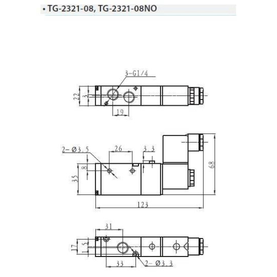 Zawór elektropneumatyczny 3/2 sterowany jednostronnie TEKMA TG-2321-08NO-DC12 NO 1/4" 12VDC Zawór elektropneumatyczny 3/2 sterowany jednostronnie TEKMA TG-2321-08NO-DC12 NO 1/4" 12VDC