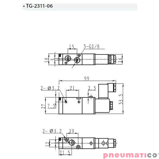 Zawór elektropneumatyczny 3/2 sterowany jednostronnie TEKMA TG-2311-06--DC24V NC 1/8" 24VDC Zawór elektropneumatyczny 3/2 sterowany jednostronnie TEKMA TG-2311-06--DC24V NC 1/8" 24VDC