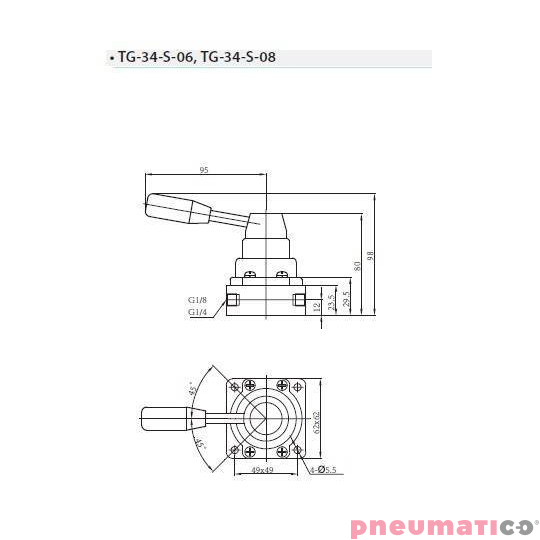 Zawór ręczny z dźwignią TEKMA 4/3 G1/4" centralnie odpowietrzony TG-34-S-08E Zawór ręczny z dźwignią TEKMA 4/3 G1/4" centralnie odpowietrzony TG-34-S-08E