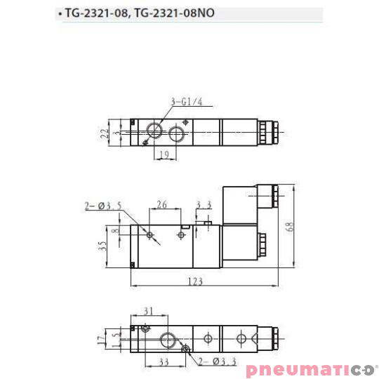 Zawór elektropneumatyczny TEKMA jednostronny monostabilny 3/2 1/4" 24VAC TG-2321-08-AC24