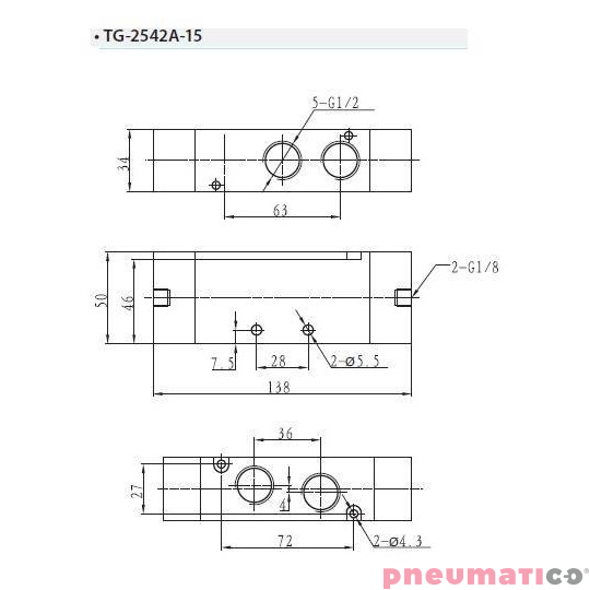Zawór pneumatyczny dwustronny bistabilny 5/2 TEKMA TG-2542A-15 G1/2" Zawór pneumatyczny dwustronny bistabilny 5/2 TEKMA TG-2542A-15 G1/2"
