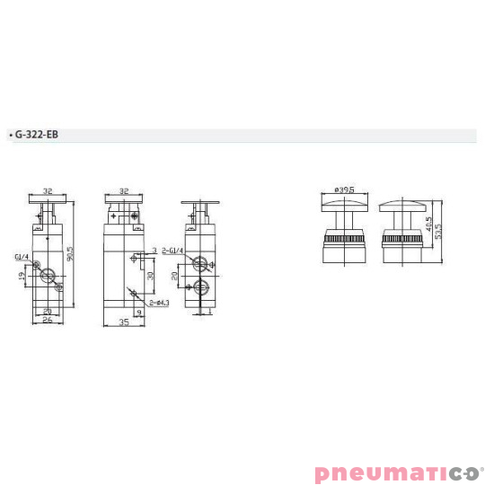 Zawór ręczny z przyciskiem typu grzybek TEKMA 3/2 NC G-322-EB G1/4" Zawór ręczny z przyciskiem typu grzybek TEKMA 3/2 NC G-322-EB G1/4"