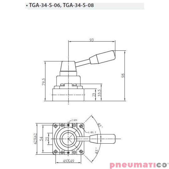 Zawór ręczny dźwigniowy TEKMA 4/3 centralnie odcięty G1/8" TGA-34-S-06