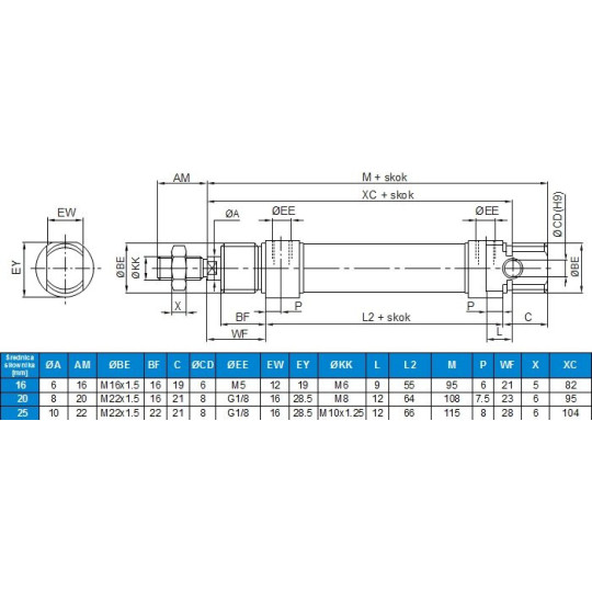 Siłownik ISO6432 D20x150 z magnesem i amortyzacją AIR-COM CADD-020-0150-MA