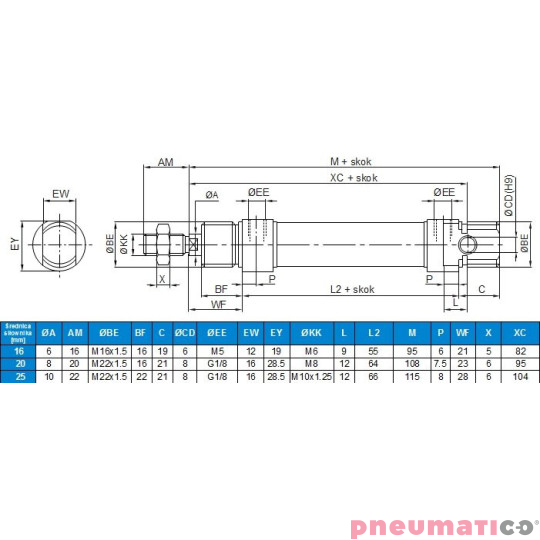Siłownik ISO6432 D16x25 z magnesem CADD-016-0025-M AIR-COM