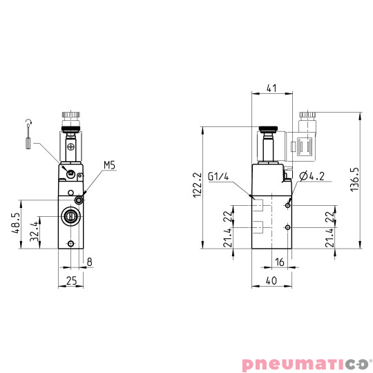 Zawór rozdzielający elektromagnetyczny 3/2 NC G1/4" monostabilny CAMOZZI 334-E15-02