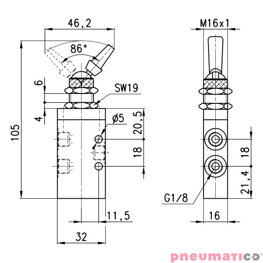 Zawór ręczny z dźwignią 3/2 NC G1/8" bistabilny CAMOZZI 338-990