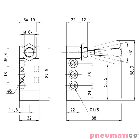 Zawór ręczny z dźwignią 5/2 NC G1/8" monostabilny CAMOZZI 358-905