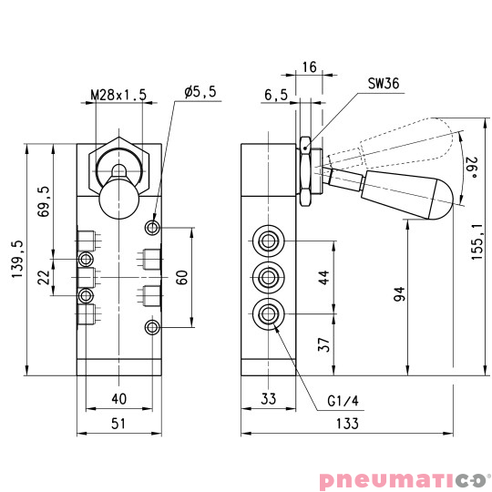 Zawór ręczny z dźwignią 5/2 NC G1/4" monostabilny CAMOZZI 454-905