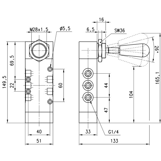 Zawór ręczny z dźwignią 5/3 NC G1/4" monostabilny środkowo zamknięty CAMOZZI 464-905