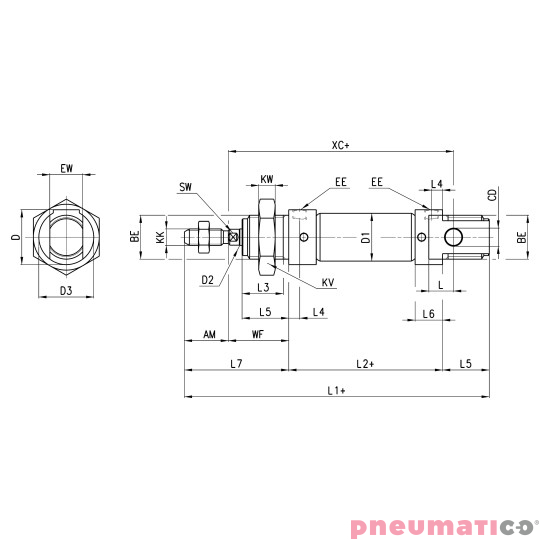 Mikrosiłownik serii 16 podwójnego działania ISO 6432 O12 skok 25 Camozzi 16N2A12A025