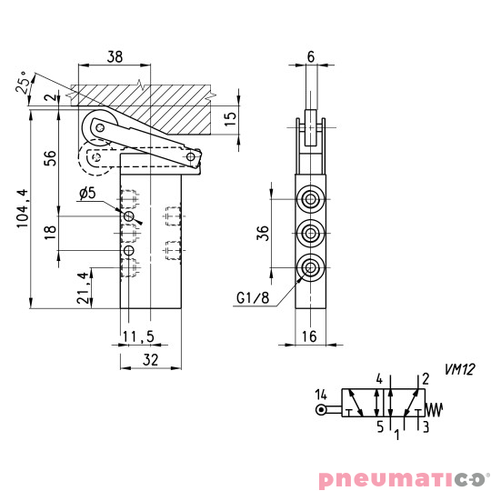 Zawór sterowany dźwignią z rolką 5/2 G1/8 Camozzi 358-955