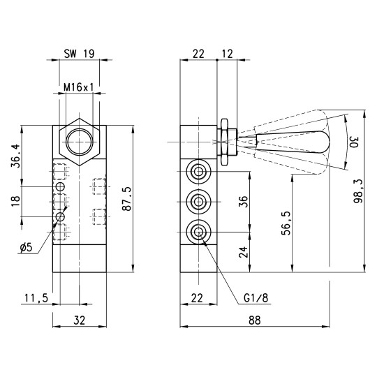 Zawór sterowany dźwignią monostabilny 5/3 CC G1/8 Camozzi 368-905