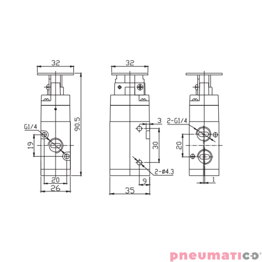 Zawór ręczny z przyciskiem typu grzybek TEKMA 3/2 NC G1/4" G-322 PB Zawór ręczny z przyciskiem typu grzybek TEKMA 3/2 NC G1/4" G-322 PB