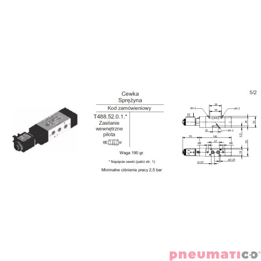 Zawór elektropneumatyczny 5/2 Pneumax T488.52.0.1.M 1/8 Zawór elektropneumatyczny 5/2 Pneumax T488.52.0.1.M 1/8