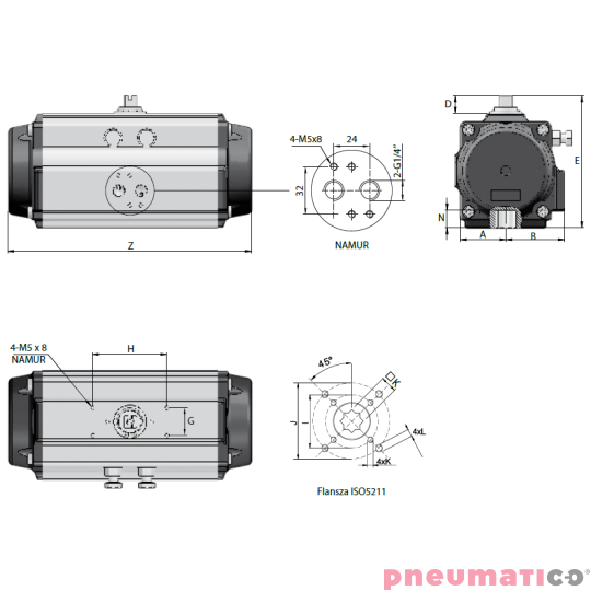 Pneumatyczny napęd obrotowy dwustronnego działania R.75 F05/07-14mm NDA75F57X14 RQS Pneumatyczny napęd obrotowy dwustronnego działania R.75 F05/07-14mm NDA75F57X14 RQS