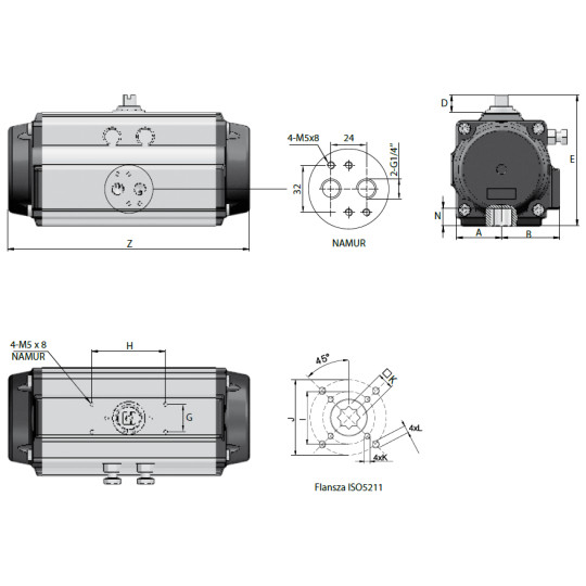 Pneumatyczny napęd obrotowy dwustronnego działania R.75 F05/07-14mm NDA75F57X14HT  RQS Pneumatyczny napęd obrotowy dwustronnego działania R.75 F05/07-14mm NDA75F57X14HT  RQS