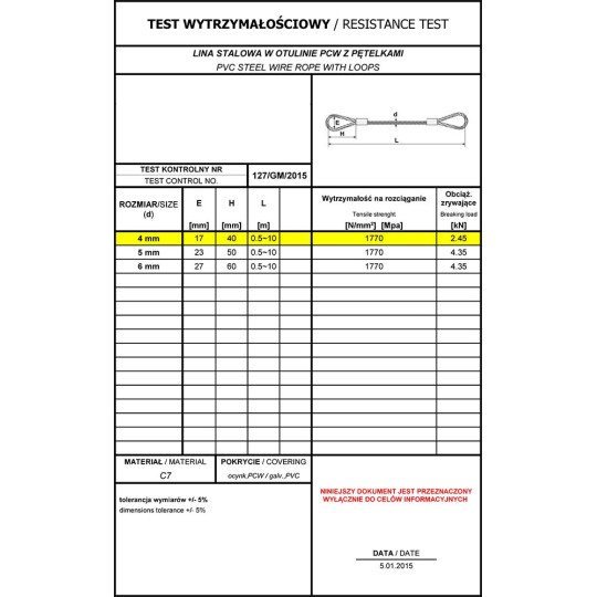 Linka stalowa z pętelkami oc. PCV 4mm x 1,0m